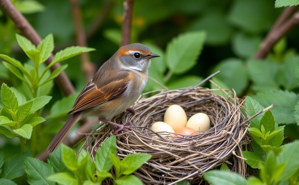 A wren perched near a nest with eggs in a lush garden.