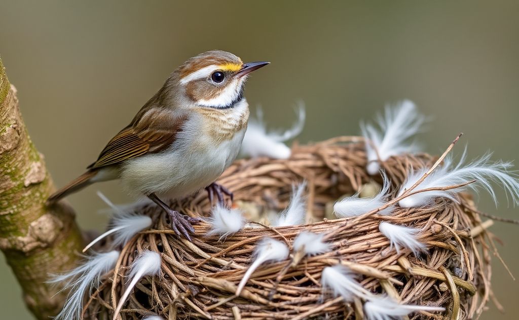 A wren perched near a nest with scattered feathers around it.