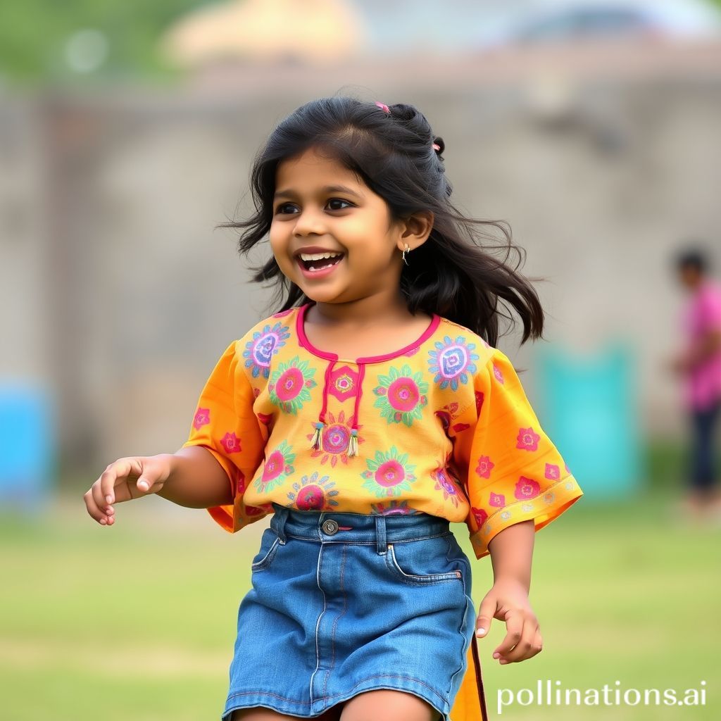 A young girl wearing a colorful kurti with a denim skirt