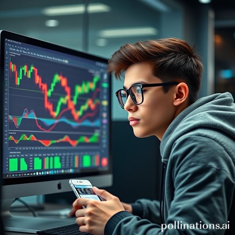A young, stylish Gen Z individual, maybe wearing a hoodie or cool glasses, looking intently at a computer screen displaying a complex yet user-friendly TradingView interface with colorful candlestick charts and various technical indicators. The background could have a modern, techy vibe, perhaps with subtle financial symbols or data streams. The overall mood should be energetic and smart, reflecting a modern trader, possibly with a smartphone showing related financial news in their hand.