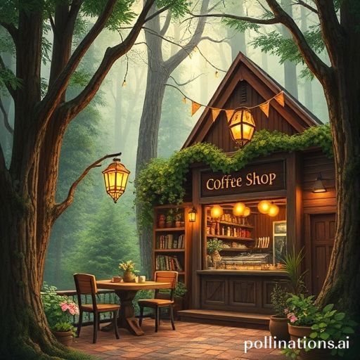 A cozy coffee shop hidden in an enchanted forest