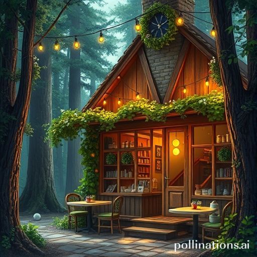A cozy coffee shop hidden in an enchanted forest
