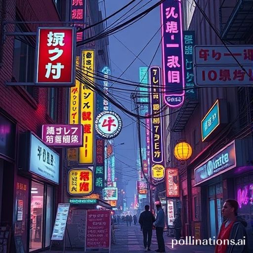 A cyberpunk street full of glowing signs and robots