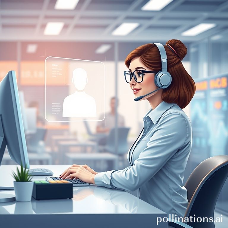 Atendente de telemarketing colaborando com um chatbot de inteligência artificial holográfico, representando a modernização do atendimento ao cliente por IAs.