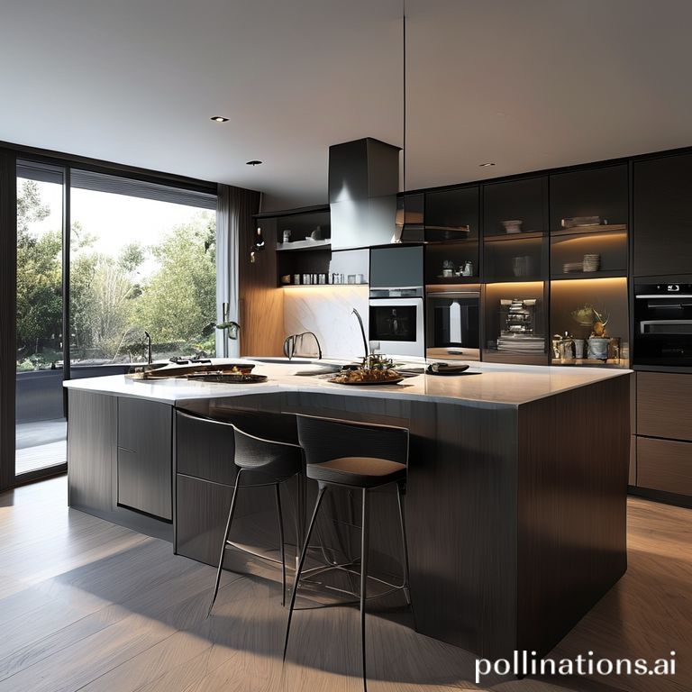 A sleek kitchen with handleless cabinetry, integrated fridge, and a quiet, organized island