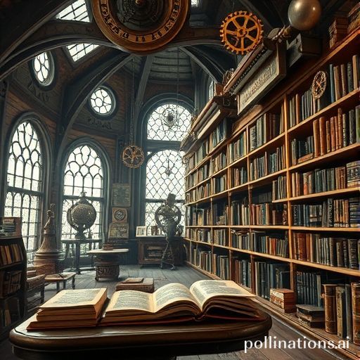 A steampunk library with flying books and gears