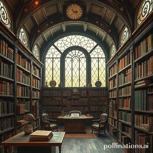 A steampunk library with flying books and gears
