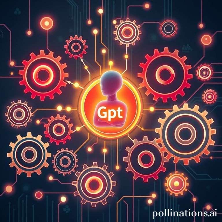 Processo de automação de tarefas empresariais com inteligência artificial, mostrando engrenagens digitais e fluxo de dados orquestrados por um Chat Gpt central.