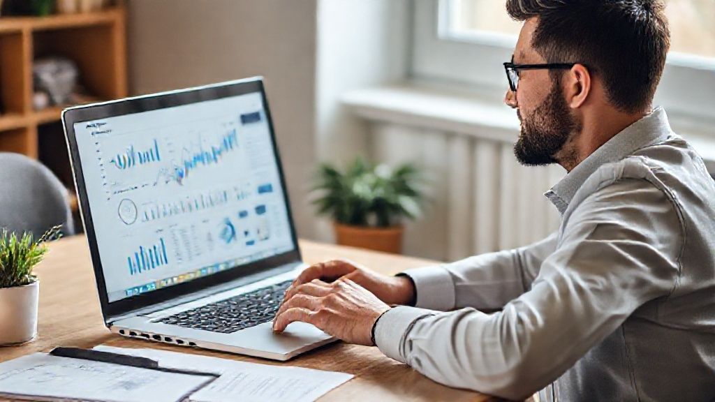 A remote worker confidently managing freelance finances on a laptop, surrounded by organized documents and a calculator, symbolizing financial control and clarity.