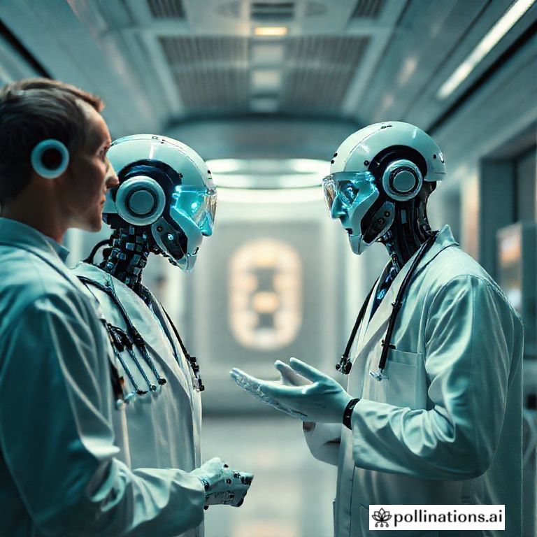 AI doctors assisting humans in a futuristic hospital
