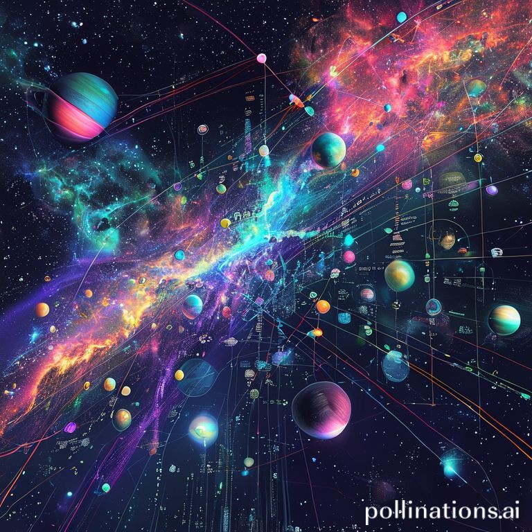 AI-governance cosmic metaphor: auroras as moral filaments orbiting planets in a space atlas, digital painting, vivid contrast