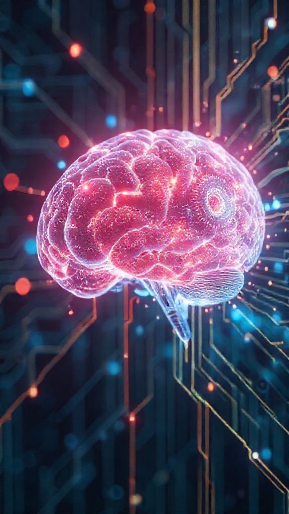 ภาพสมองนามธรรมเชื่อมต่อกับเฟืองดิจิทัลแสงไฟแห่งอนาคต