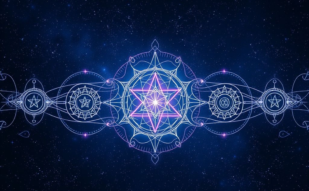 Abstract cosmic symbols intertwined with celestial patterns.