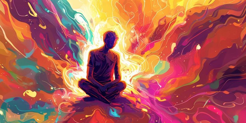 Parlak renkli bir aura ile çevrili oturan bir figürün soyut çizimi