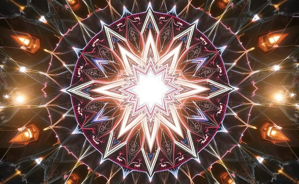 Abstract patterns of sacred geometry with ethereal light effects.