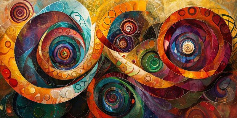 Soyut bir şekilde birbirine geçmiş semboller ve spirallerle temsil edilen spiritüel bir dönüşüm