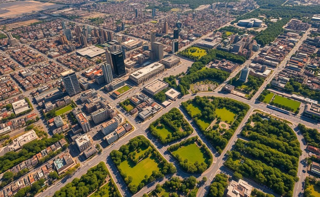 Aerial view of urban heat islands with contrasting green spaces.