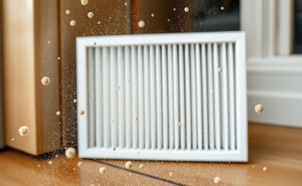 Air filter surrounded by pollen and dust particles in a home setting