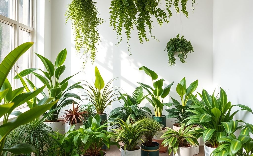 Air-purifying plants arranged in a bright indoor space.