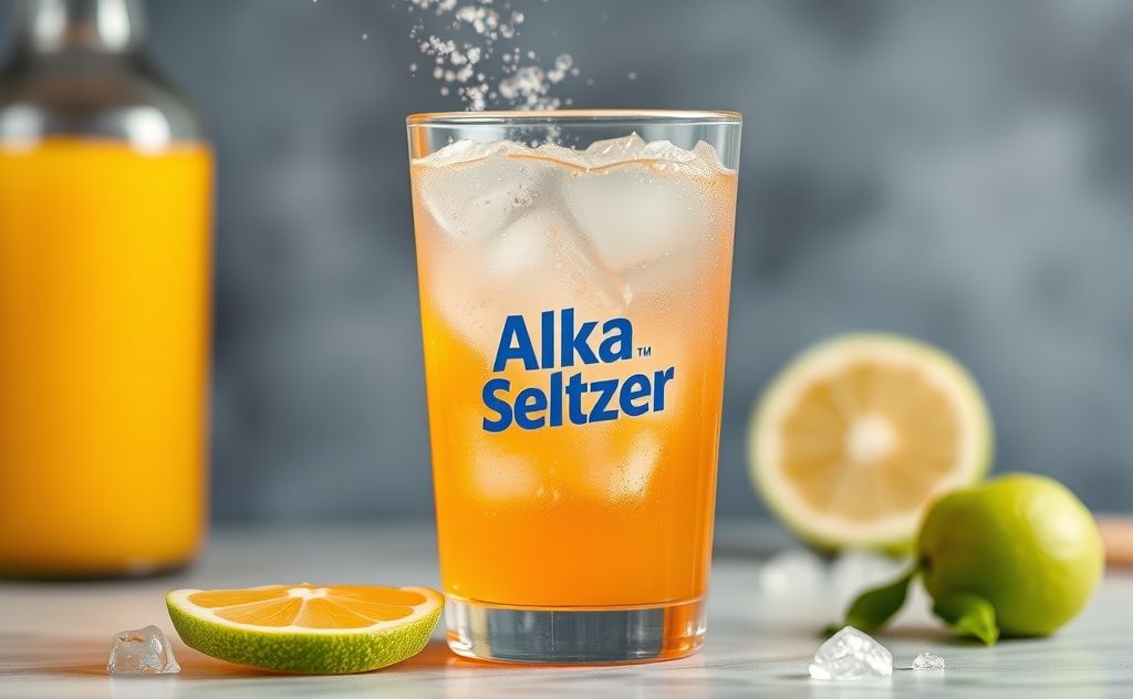 Alka Seltzer fizzing in a glass of juice