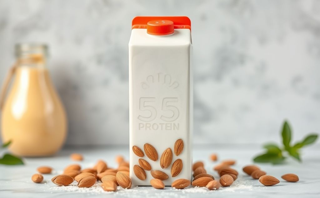 Almond milk carton with protein shake background