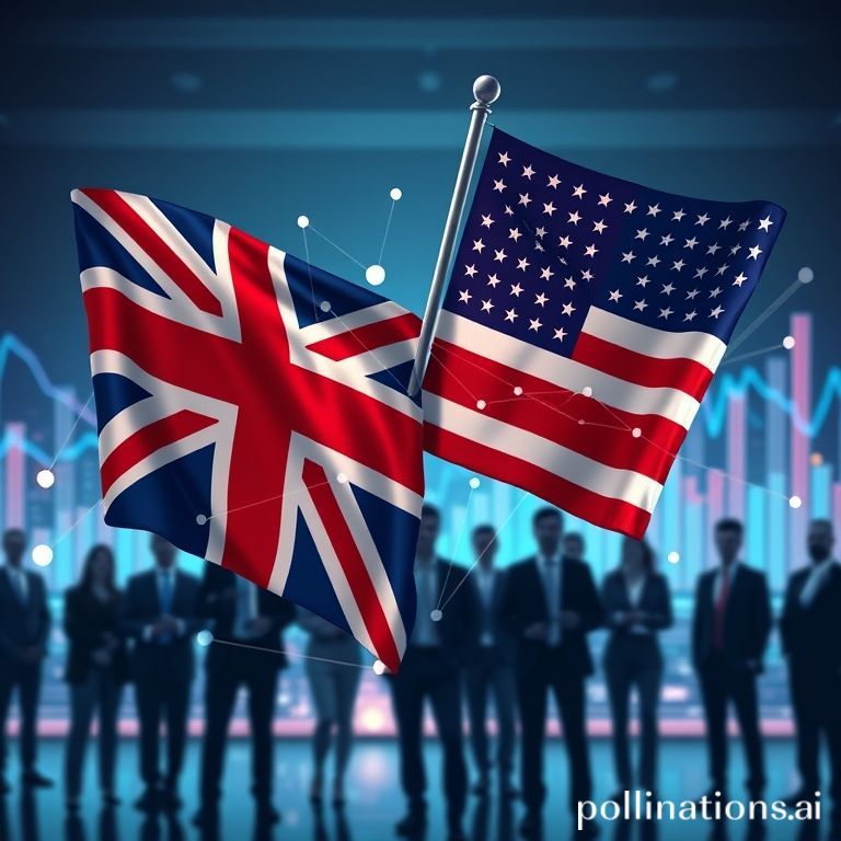 Digital representation of US and UK flags intertwined with blockchain elements, symbolizing their collaborative efforts on crypto regulation.