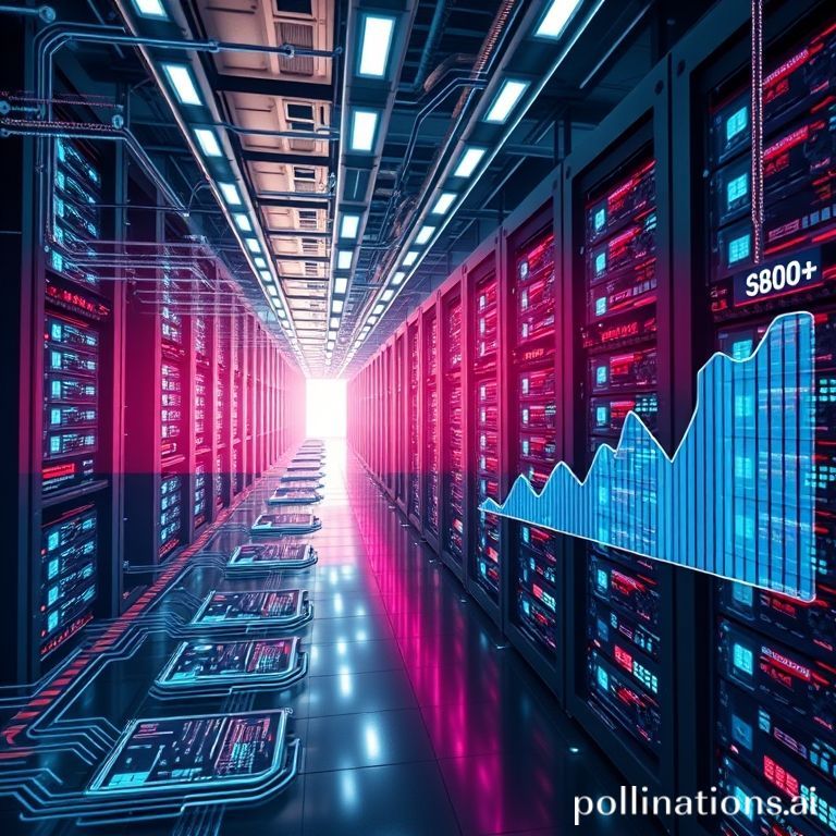 A futuristic data center humming with activity, representing the massive compute power required for AI, alongside a graphic illustrating an $800 billion funding gap by 2030, highlighting the financial and infrastructural challenges ahead.