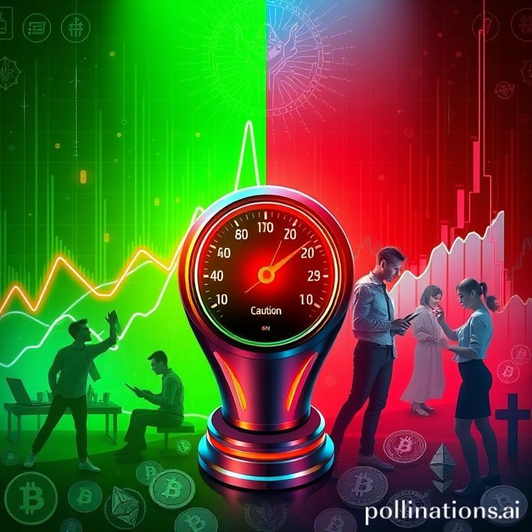 A vibrant digital depiction of the Crypto Fear and Greed Index, illustrating market sentiment fluctuating between caution and opportunity, reflecting current crypto trends.