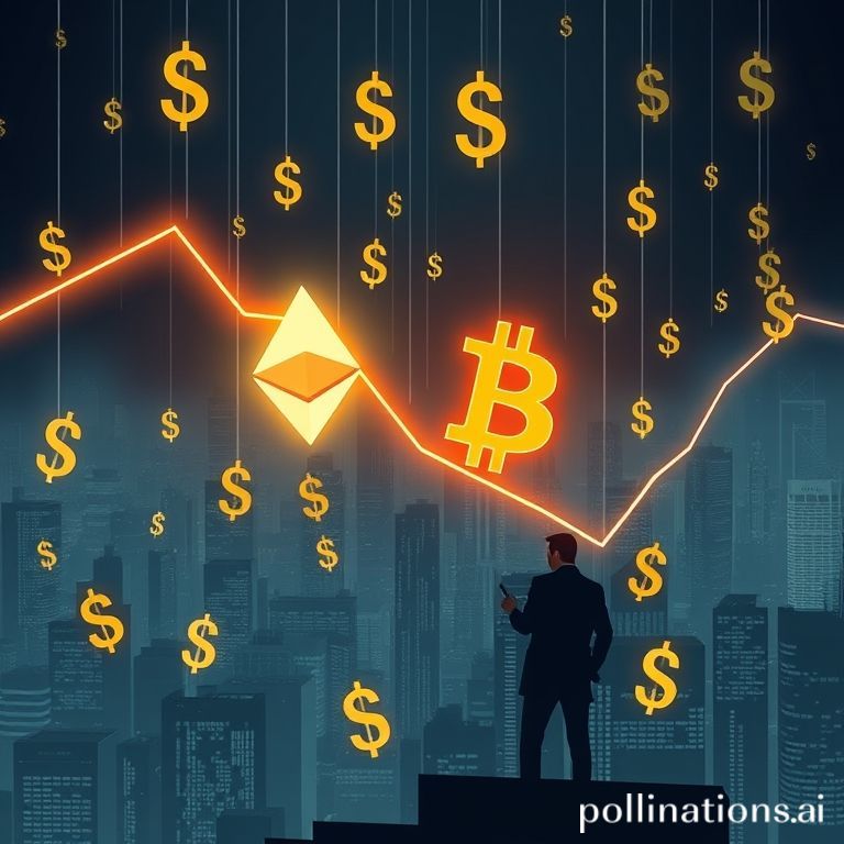 An abstract digital graph showing Ethereum and Bitcoin symbols falling amidst a turbulent cryptocurrency market downturn, reflecting institutional withdrawals.