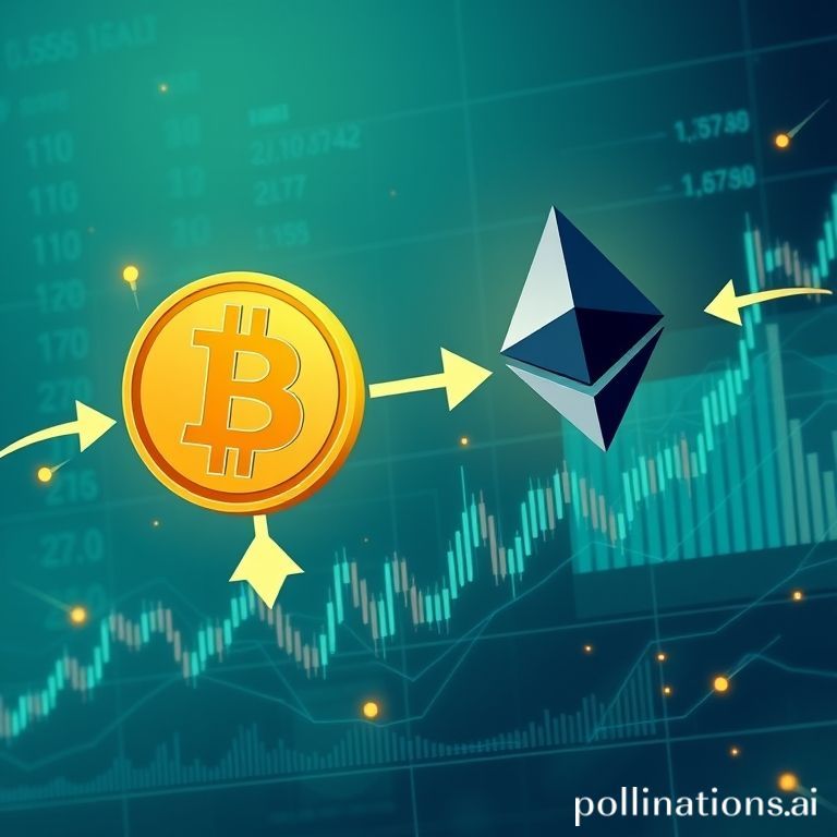 Visualizing Bitcoin and Ethereum exchange outflows, illustrating investor accumulation during a market downturn, with data charts in the background.