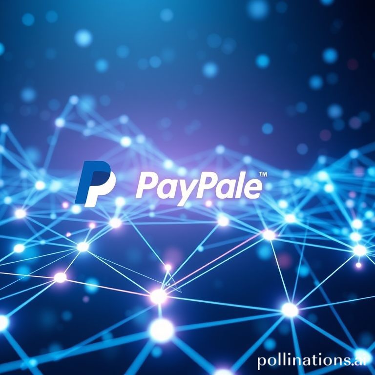 Digital representation of stablecoins moving across a blockchain network with PayPal and Stable logos, symbolizing global financial transactions.