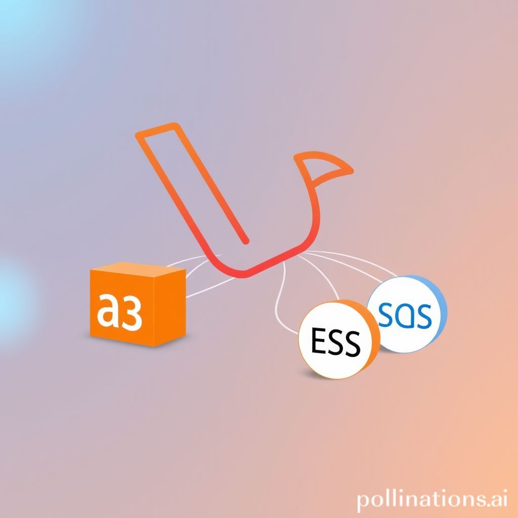 An abstract digital illustration showing the seamless integration between the Laravel logo and several AWS service icons (S3, SES, SQS). Wavy lines or arrows connect them, symbolizing data flow and communication. The background should be modern, clean, and evoke a sense of cloud technology and efficiency, perhaps with subtle blue and orange tones.