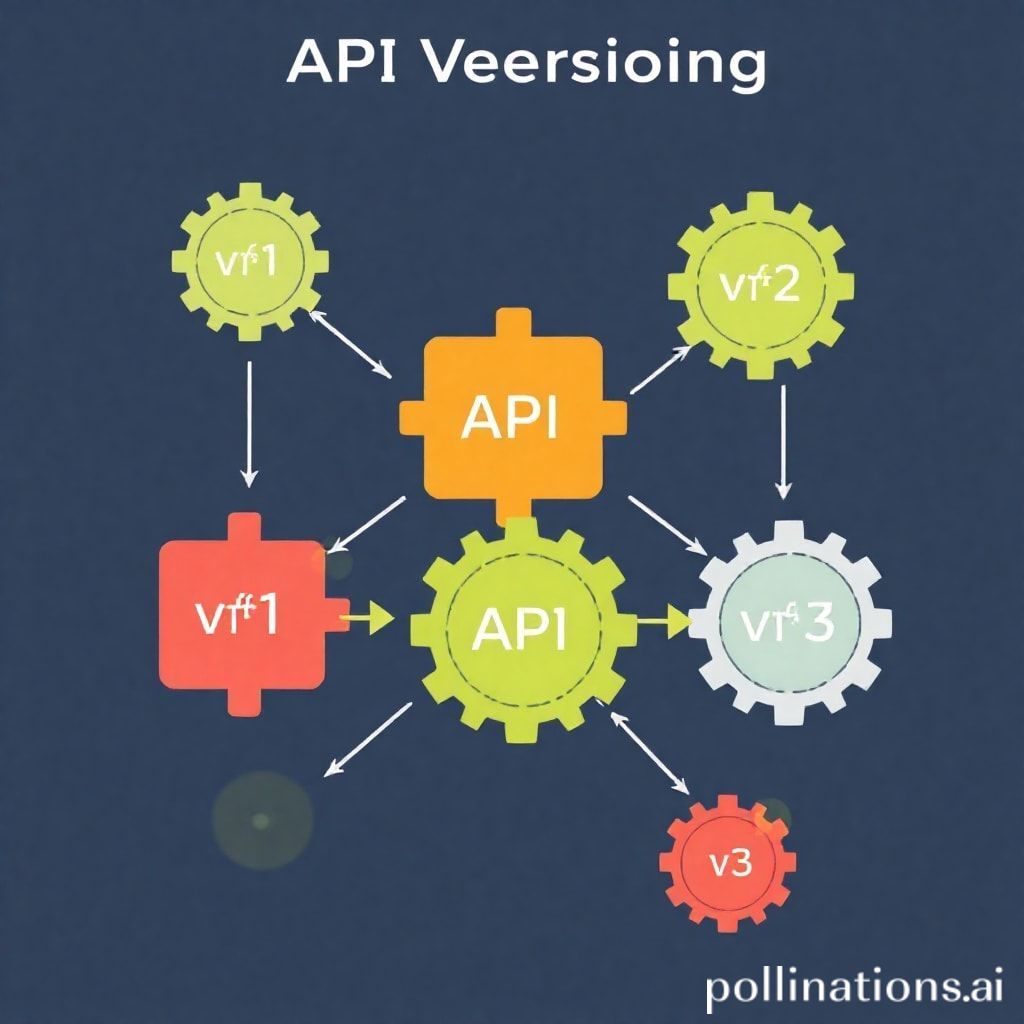 An abstract illustration representing API versioning. Multiple interconnected blocks or gears of different sizes and colors, subtly labeled 