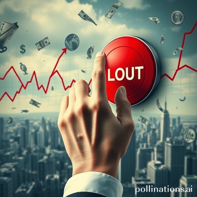 A red emergency button labeled 'Bailout' pressed in a turbulent financial market, symbolizing intervention during an economic crisis.
