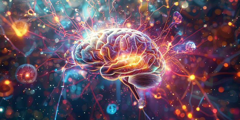 Parlak nöronlara sahip bir beynin soyut temsili ve yayılan rüya benzeri semboller