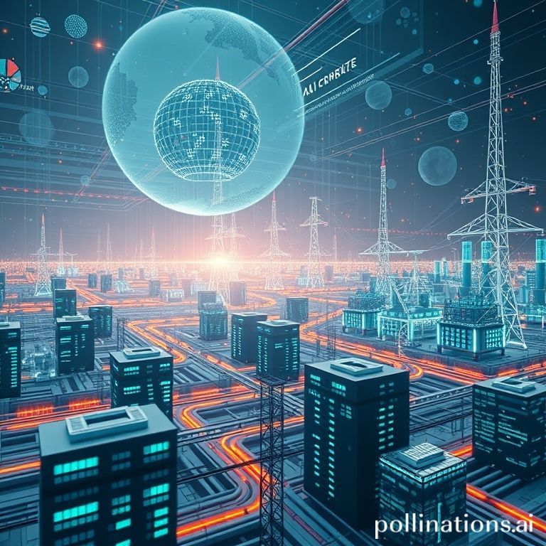 An expansive, futuristic data center with glowing servers and intertwining energy grids, hinting at both technological advancement and potential market volatility in the AI sector.