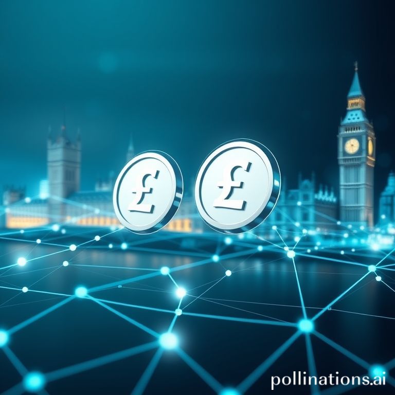 Digital sterling tokens representing money flow in a secure network, with a subtle UK backdrop.