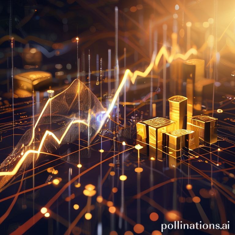 Grafik digital futuristik XRP menunjukkan kenaikan harga dengan latar belakang elemen keuangan korporat dan emas.