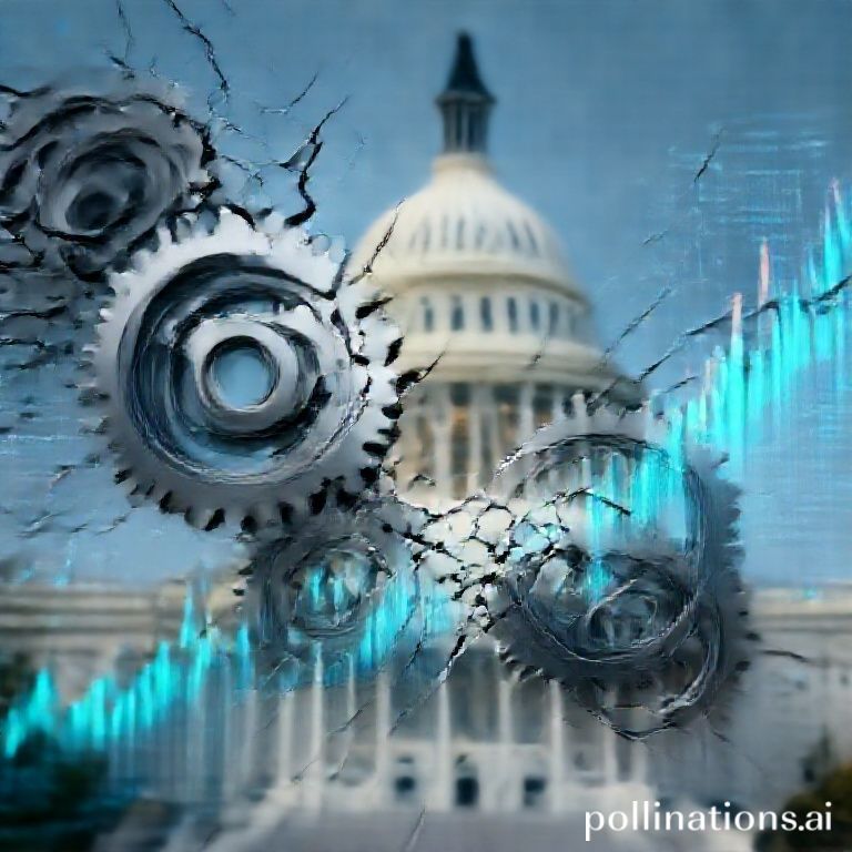 Abstract image of digital gears mending broken financial charts, symbolizing fintech resilience during US fiscal crises.