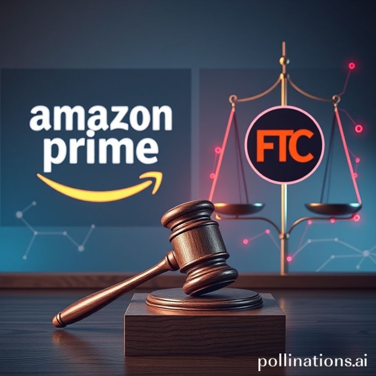 Abstract image: Amazon Prime and FTC logos on scales of justice, representing the legal dispute over subscription services.