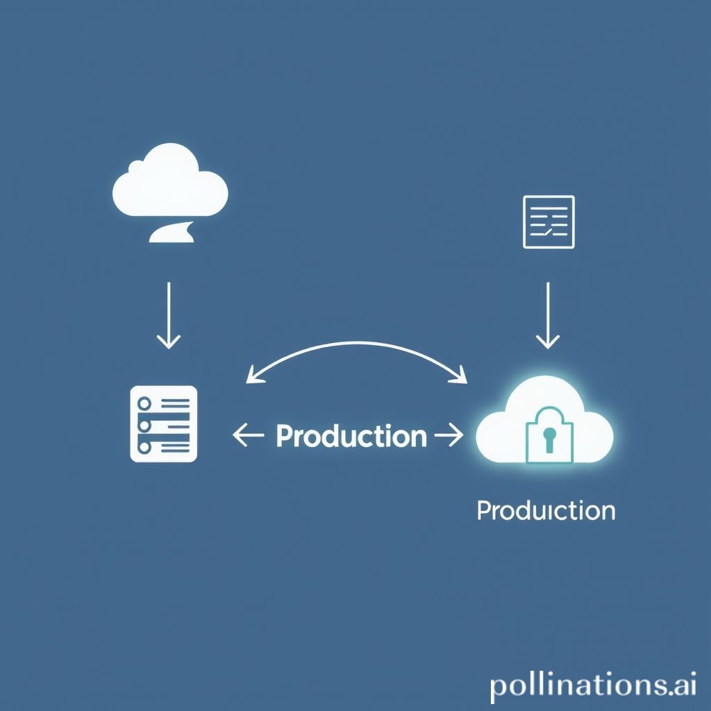 An abstract, visually appealing image depicting a smooth, continuous flow of data or code from a development environment to a production environment. Illustrate concepts like seamless transition, efficiency, and security. Use modern, clean design elements, possibly with subtle server icons, cloud shapes, and arrows indicating progress and successful deployment. Emphasize a sense of stability and reliability, perhaps with a subtle glow around the 