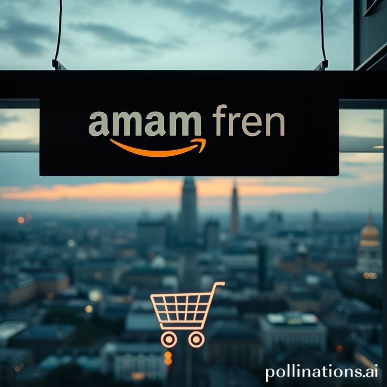 Amazon Fresh store exterior with digital lines flowing into an online cart, symbolizing a shift to e-commerce in urban UK.