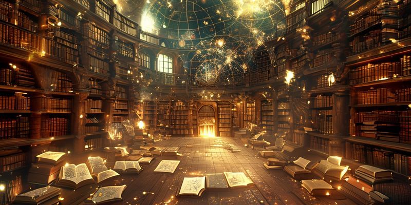 Kadim bir kütüphane, kolektif bilinçaltını ve eski bilgeliği simgeleyen parıldayan kitaplar ve göksel haritalar