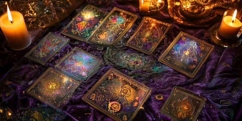 Tarot kartları, mistik semboller ve mum ışığı