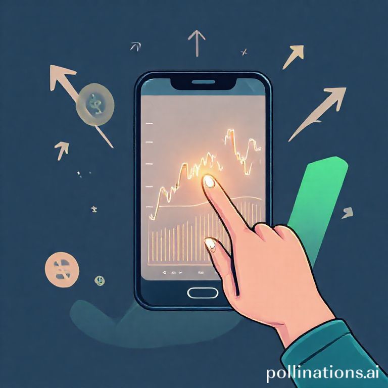 An animated illustration in a modern, Gen Z aesthetic. It features a smartphone displaying a trading chart with the Stochastic indicator (two wavy lines oscillating between 0-100) prominently visible in the lower panel. A stylized hand points at the chart, highlighting an overbought or oversold zone with bright, glowing accents. Background elements include subtle upward and downward arrows, money symbols (dollar, crypto icons), and abstract graph patterns, suggesting financial growth and dynamic market movement. The overall mood is vibrant, energetic, and empowering, with a clean, digital art style.