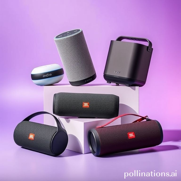 Kumpulan speaker Bluetooth modern seperti Amazon Echo Pop, JBL Go 4, Sony ULT Field 3, dan Soundcore Boom 3i dengan latar belakang ungu-merah muda.