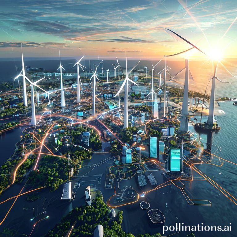 Ilustrasi kecerdasan buatan mengoptimalkan jaringan energi bersih di Indonesia, menghubungkan sumber terbarukan dan kendaraan listrik.