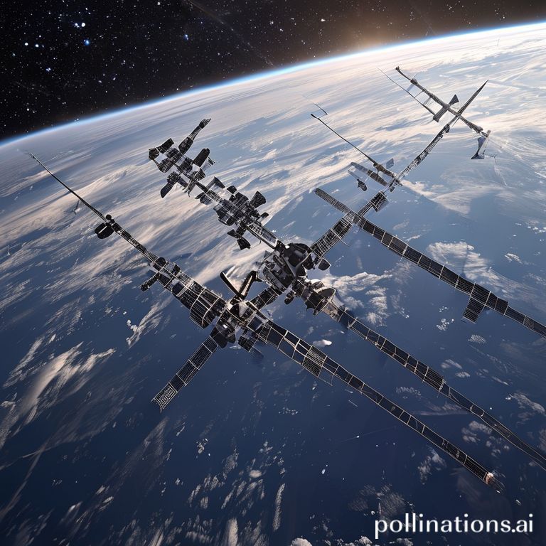 An artistic rendering of a large satellite mega-constellation, like Starlink, comprising numerous small satellites in Low Earth Orbit (LEO).