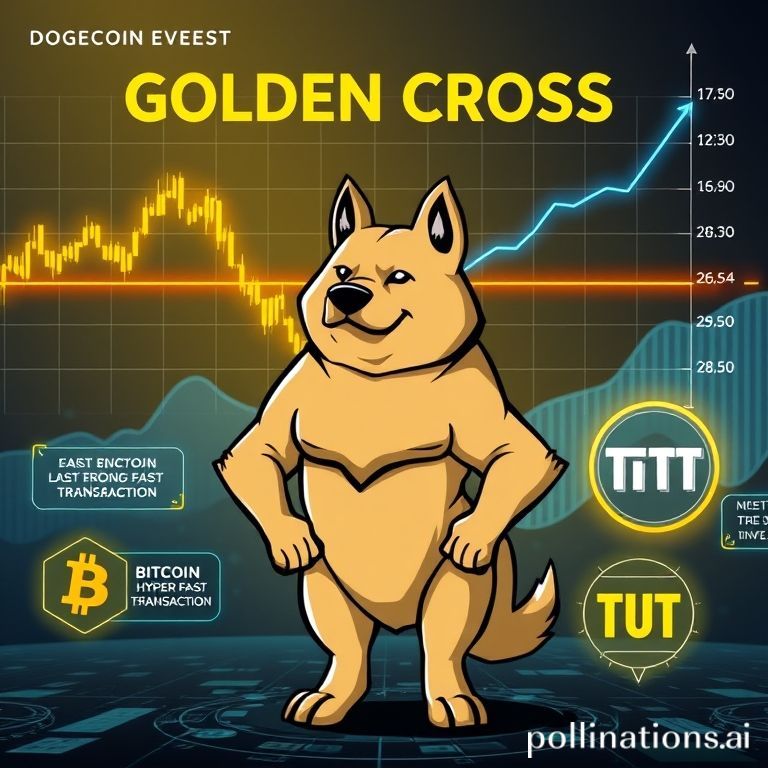 A weekly chart of Dogecoin ($DOGE) showing its 9-period EMA crossing above the 26-period EMA, signaling a bullish Golden Cross with historical rallies of 230% and 300% highlighted by arrows.