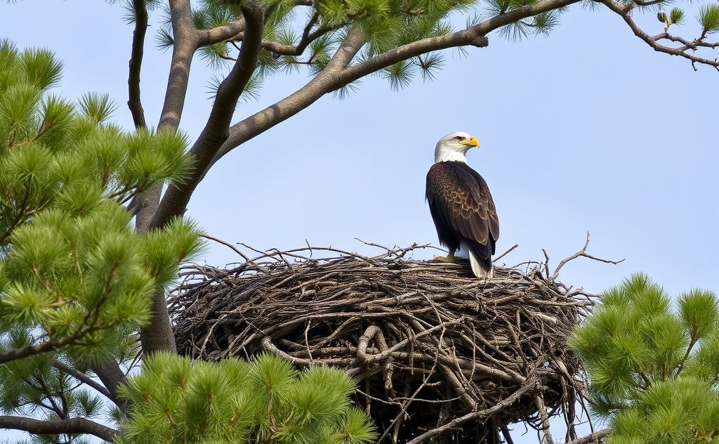 An eagle perched on a large nest in a tree, surveying its surroundings.